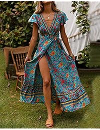 Exlura - Vestido de verano con cuello en V y estampado floral, manga corta, con cinturón