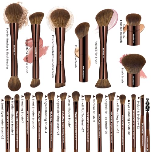 MAANGE 20 Pcs Makeup Brushes with Gift Box, Double-End Multi-functional Makeup Brushes for Blending Liquid Powder Concealer Cream Blush Buffe,Dark Brown