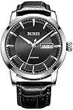 BUREI Men's Luminous Day and Date Automatic Watch with Black Calfskin Band, Silver Bezel Black Dial