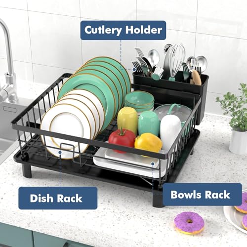 Dish Drying Rack, Space-Saving Dish Rack for Kitchen Counter, Stainless Steel Dish Rack with Cutlery Holder, Removable Dish Drainer, Drainboard and Adjustable Spout for Various Kitchenware,15x11x6.7''