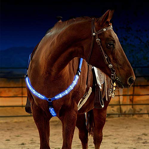 Flytianmy Adjustable LED Horse Breastplate Collar Reflective Horse Tack Sturdy Comfortable Equestrian Protective Safety Gear Blue