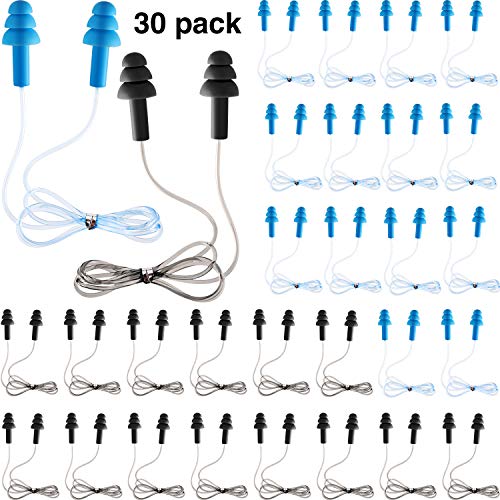 Corded Ear Plugs Silicone Waterproof Ear Plugs for Sleeping Snoring Swimming Shooting, Ear Plugs Noise Cancelling and Hearing Protection (30 Pairs, Light Blue and Black)