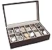 CASE ELEGANCE Solid Espresso 12 Slot Wood Watch Box with Glass Display Top