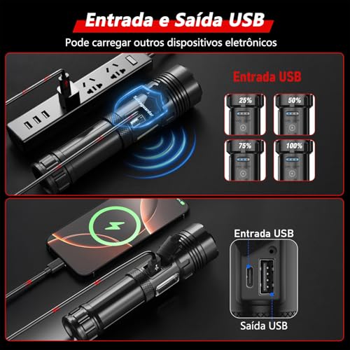 Lanterna Tatica Militar, Lanterna Led Recarregável 10000 Lúmen, com 7 Modos, XHP90.2 Chip e Zoom, Lanterna Potente de Longo Alcance, Acessorios para Acampamento, Pesca, Caminhada, Camping