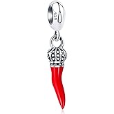 Red Italian Horn Charm Pendant, 925 Sterling Silver Corno Chili Pepper Dangling Bead, Fit Pandora Style Bracelet Necklace