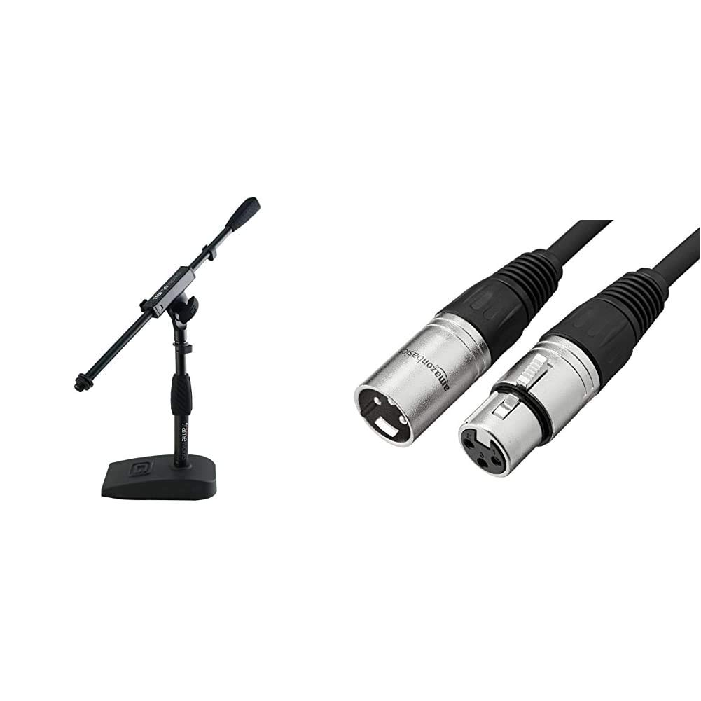 Gator Frameworks Short Weighted Base Microphone Stand, and both 3/8" and 5/8" Mounts; Base Dimensions - 4.5" X 8" (GFW-MIC-0821) & Amazon Basics XLR Male to Female Microphone Cable - 10 Feet, Black