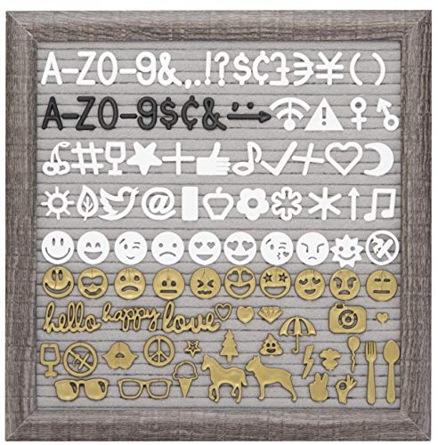 Letter Board - Rustic Brown Wood, Gray Felt, Sorting Tray, 525 Precut White, Gold, Black Letters, Numbers, Emojis, 10x10 Farmhouse Antique Vintage Frame Changeable Message, Stand, Cotton Bag JL Brands