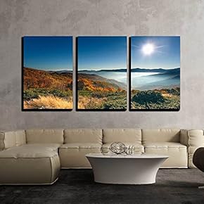 3 Piece Canvas Wall Art - Autumn, Misty, Mountain Landscape with a View on Colorful Forest Towards The Rising Sun - Modern Home Art Stretched and Framed Ready to Hang - 16"x24"x3 Panels