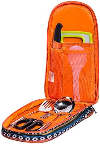 Camp Kitchen Utensil Organizer Travel Set by Monblan – Portable BBQ Camping Cookware -Cutting Board|Rice Paddle|Tongs|Scissors|Knife and Bottle Opener