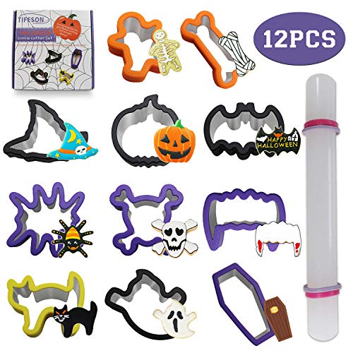 Tifeson 12 Pack Halloween Cookie Cutters Set, 11 PCS Stainless Steel Sandwich Cutter Molds with Comfort Grip, 1PC Rolling Pin for Halloween Party (Include Pumpkin, Witch Hat, Bat, Ghost Mold)
