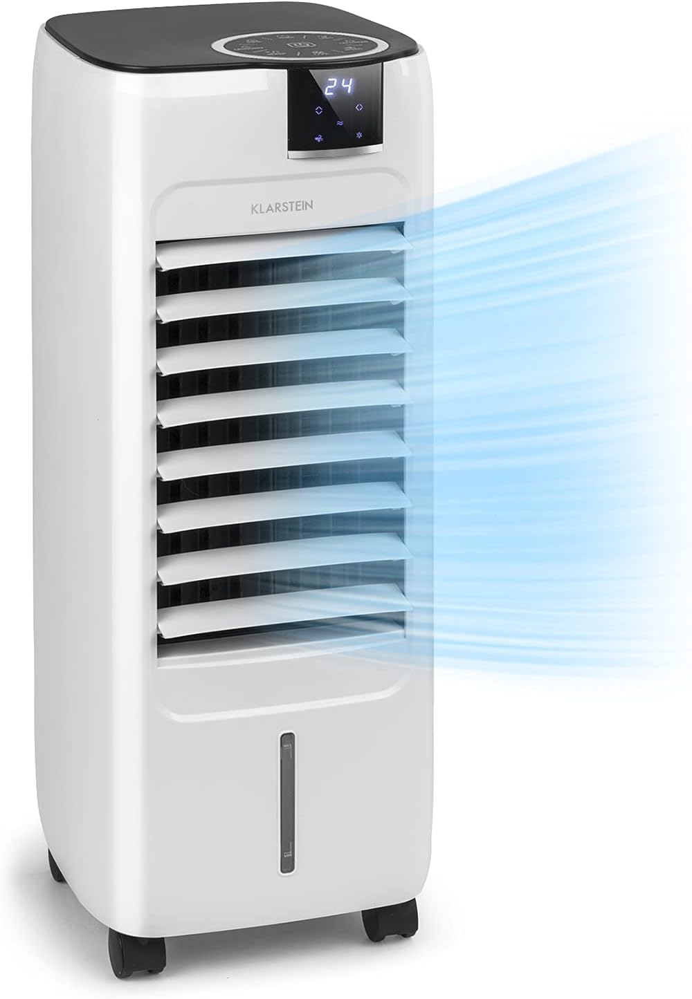 Klarstein Sonnendeck - Enfriador de aire 3 en 1, Ventilador, Humidificador, Potencia 45 W, Caudal 888 m³/h, 3 velocidades, 2 tipos de viento, Oscilación, Panel táctil, Mando a distancia, Blanco floral