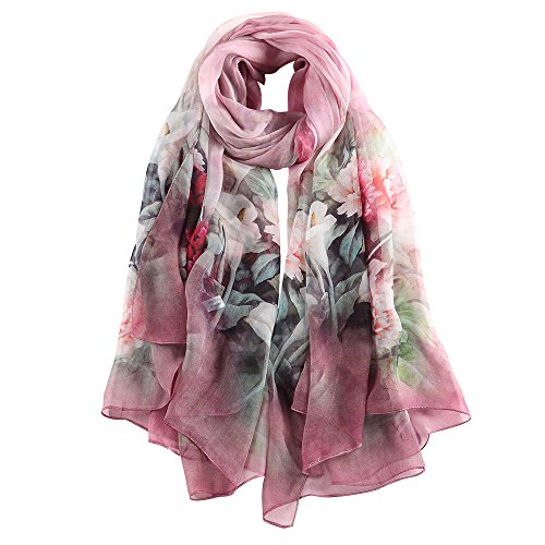 STORY OF SHANGHAI Women's Mulberry Flower Print Large Silk Shawl Scarf Wraps 68x43 Inches Pink Flower