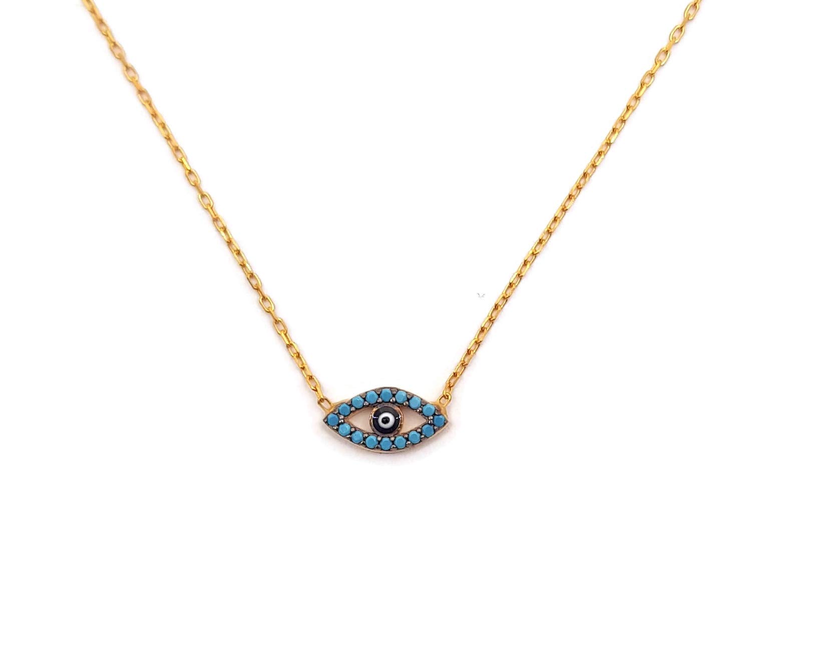 MYSTIC JEWELS By Dalia - 925 Sterling Silver Round Turkish Eye Pendant Necklace with Cubic Zirconia Turquoise