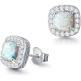 FANCIME Sterling Silver Created White Opal Necklace/Earrings Halo Pendant Stud Leverback Dangle Earrings Cubic Zirconia CZ Fire Opal Fine Jewelry for Women