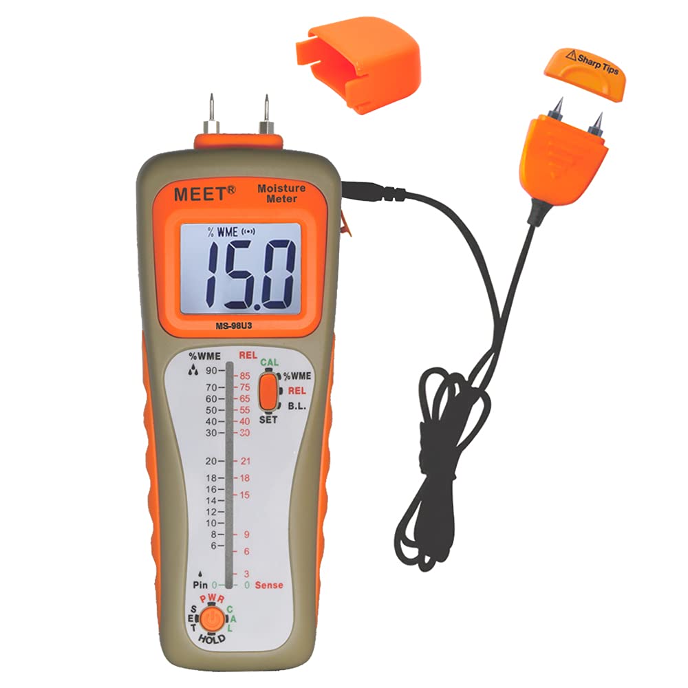 Meet Pin & Pinless (Penetrate) & Wired Remote Pin (Narrow Angle) Moisture Meter for Wood & Concrete Pinless Measure up to 50mm/2inch Depth Spare Pin x 1pair Large LCD & Tri-Colours Bar-Graph LED