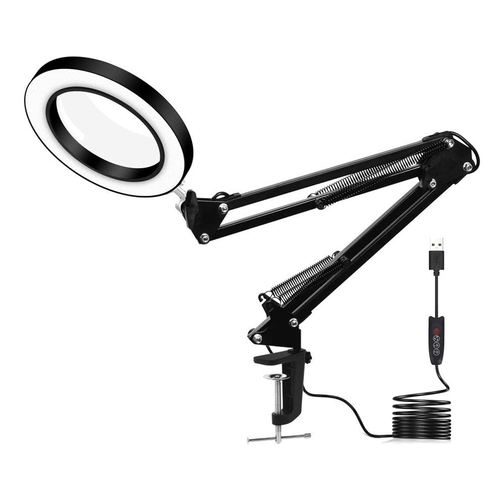 zalati Magnifying Desk Lamp with Clamp 5X Magnifier Lamps Colors & 10 Brightness Dimmable Magnifying Glass LED Lamp, 17 inch Adjustable Swivel Arm for Indoor Craft Working