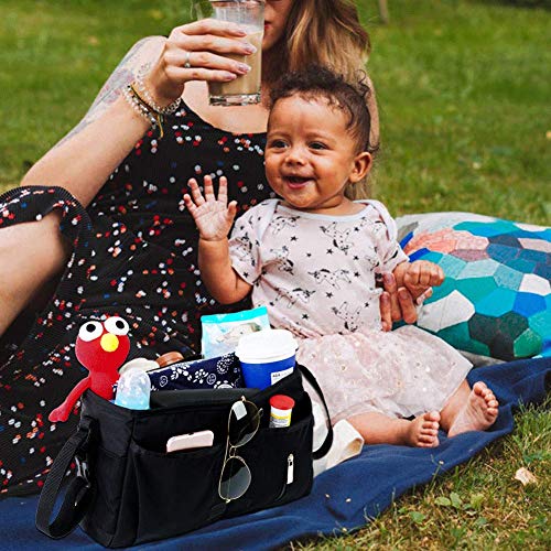 JYSW Baby Stroller Organizer, Baby Stroller Caddy with Multiple Pockets and Shoulder Strap Fits for Universal Stroller to Storage Phones, Wallets, Toys, Diapers and Tissue (Black)
