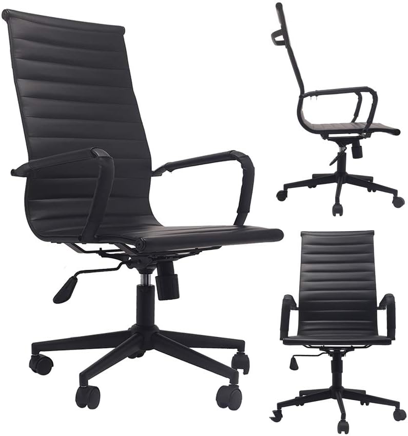 2xhome - Modern High Back Tall Ribbed PU Leather Swivel Tilt Adjustable Chair Designer Boss Executive Management Manager Office Conference Room Work Task Computer (All Black)