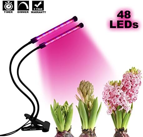 ALFERO 48 LEDs (2018 VERSION) | 3,6,12 HOUR TIMER & 4 DIMMABLE LEVELS | Dual Head LED Plant Grow Light | 360º Adjustable Gooseneck for Indoor Plants, Hydroponics, Gardening, Greenhouse
