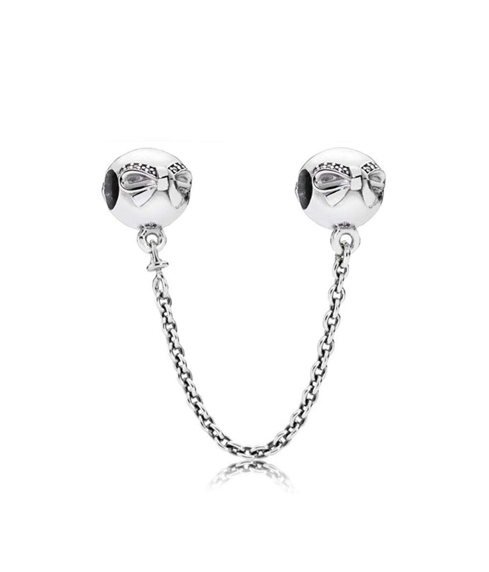 FGT Sterling Silver Safety Chain Charm Compatible with Pandora Bracelets Dainty Bow Wife Mum Daughter Family Granddaughter Birthday Mothers Day Valentine