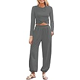 Fisoew Women's 2 Piece Lounge Sets Casual Long Sleeve Crossover Crop Tops Jogger Pants Tracksuits Outfits