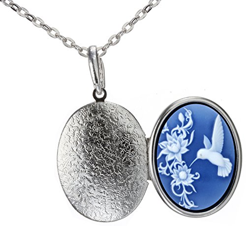 Photo Locket Best Friend Necklace Natural Agate Cameo Pendant Fashion Jewelry 2pc Chain Pouch Gift (Allen's hummingbird)