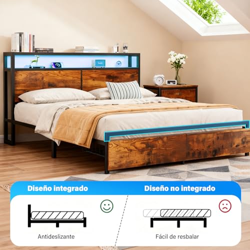 WELIKERA Marco de Cama con 2 Cajones, Base Cama King Cabecera con Luces Led, Base de Cama con Cabecera Estación de Carga USB y Espacio de Almacenamiento, Cama King Marco de Cama Fácil Montaje