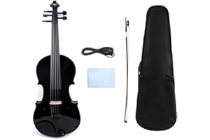 5-String Full Size Electric Acoustic Violin 4/4, Spruce & Maple Wood, Handmade, Includes Case & Bow (Black)