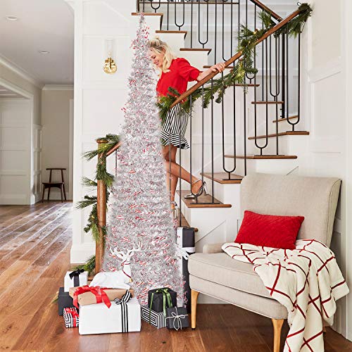 N&T NIETING Christmas Tree, 6ft Collapsible Pop Up Silver Tinsel Christmas Tree with Christmas Candy Cane Coastal Christmas Tree for Holiday Xmas Decorations, Home Display, Office Decor