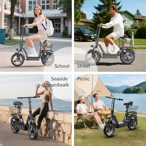 1400W Peak Motor Electric Scooter for Adults, 65 KM of Range Scooter with Seat, 48KM/H Top Speed, 48V Battery, Dual Suspension, Foldable E Scooter for Cargo, Commuting