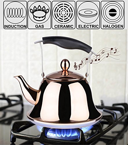 Onlycooker Whistling Tea Kettle Stainless Steel Stovetop Teakettle Sturdy Teapot for Tea Coffee Fast Boiling with Infuser Mirror Finish 2 Liter/2.1 Quart (Rose Gold)