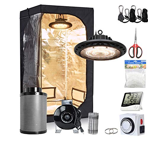 Oppolite UFO LED 300W Full Spectrum Grow Light+32”x32”x63” Indoor Grow Tent+4” Inline Fan Filter Combo Ventilation System+ Hydroponic Growing Accessories (UFO LED300W+32″X32″X63″+4″Fan Filter Kit)