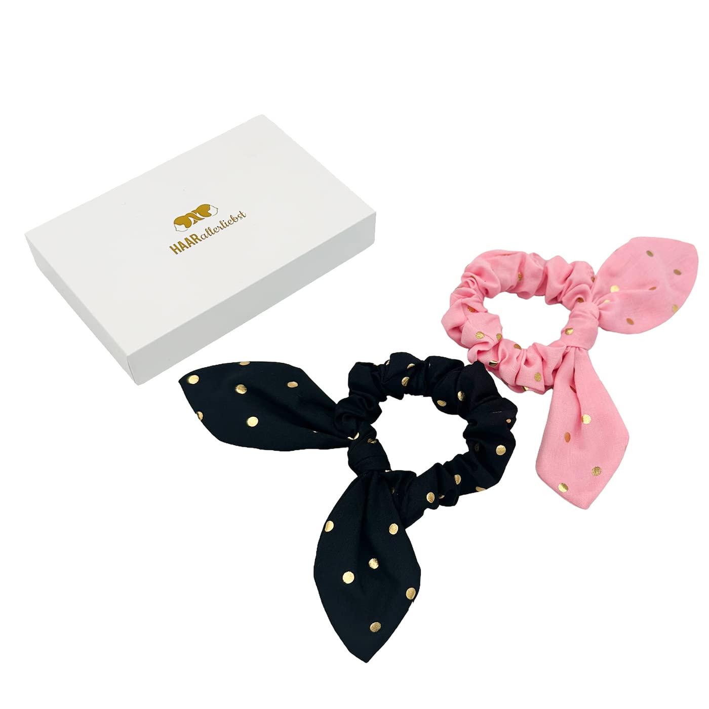 HAARallerliebst Scunchies (Bow with Dots | Pink and Black) for Girls with Storage Box (Black and Pink with Dots; Box Colour: White)