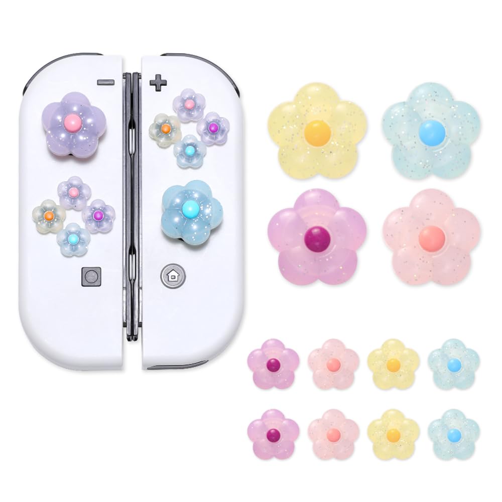 PERFECTSIGHT Glitter Flower D-Pad Button Caps Silicone Thumb Grips Set, Cute ABXY Key Buttons Sticker Joystick Cover Caps Compatible with Nintendo Switch/Switch OLED