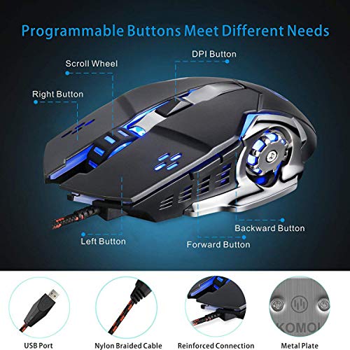 VEGCOO C15 Laser Gaming Mouse, Ergonomic 9200 DPI High Precision USB Wired Optical Mouse Mice with 6 Programmable Buttons 4 Color Cycle Breathing for Laptop PC Computer Games and Office (C15 Black)