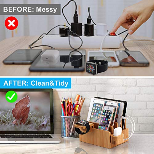 Bamboo Charging Station Organizer for Multiple Devices, Desktop Docking