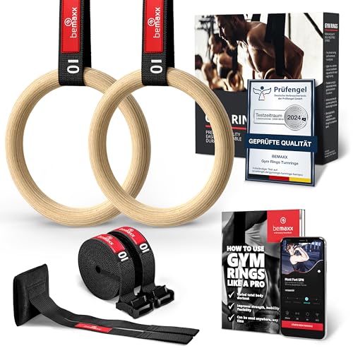 BeMaxx Turnringe Holz Gym Rings + Türanker & Trainings-eBook – Olympische Gymnastik Holzturnringe & Gurte + Markierungen | Turnerringe Gymnastikringe