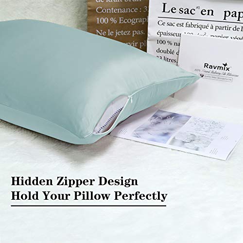 Ravmix Slip 100% Pure Mulberry Silk Pillowcase King Size for Hair and Skin with Hidden Zipper, 21 Momme 600TC Hypoallergenic Soft Breathable Both Sides Silk Pillow Case, 1-Pack, 20×36inch, Aqua Green - Thumbnail 4