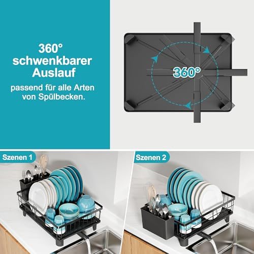 Abtropfgestell Geschirr aus Edelstahl mit Abtropfschale, Schwarz