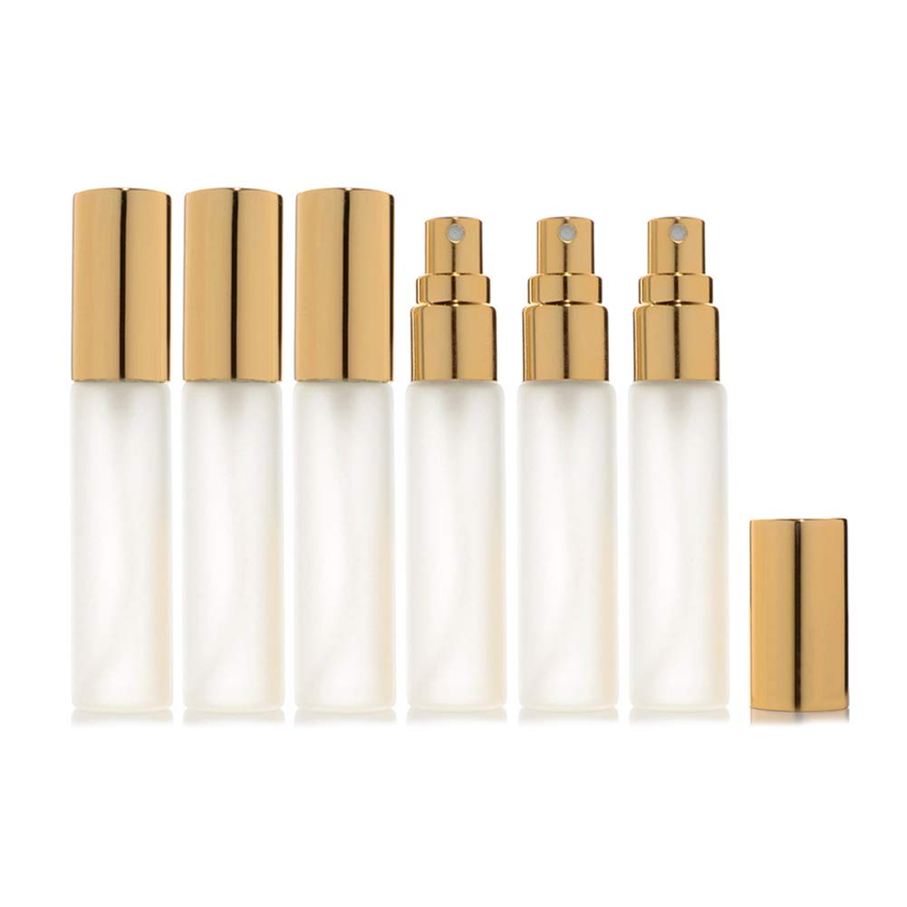 Enslz 6 pcs Frosted Fine Mist 10ml1/3oz Atomizer Glass Bottle Vial Spray Refillable Fragrance Perfume Empty Scent Bottle 2 pcs 3ML Free Pipette (10ml, Gold)