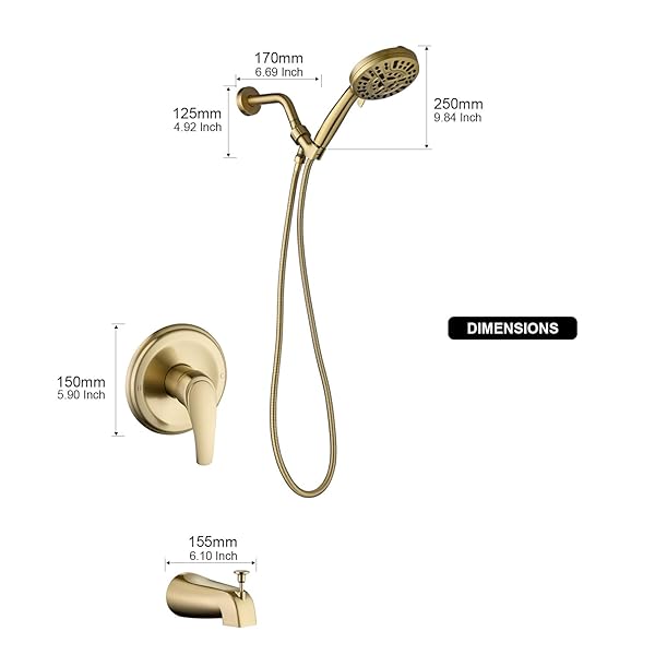 KIRLYSTONE TUB SHOWER FAUCET COMBO, BRUSHED GOLD SHOWER SYSTEM 10 PATTERNS HANDHELD SHOWER HEAD WITH TUB SPOUT, SHOWER TRIM KIT WITH SHOWER HEAD & BRASS VALVE
