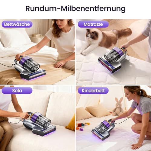 Mite Vacuum Cleaner for Mattresses with 18 kPa Suction Power, UV-C Light, 63°C Hot Air and 2 Brushes, Bed Vacuum Cleaner and Mattress Cleaner for Mattresses, Beds, Sofa