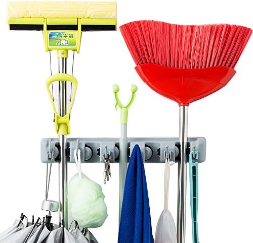 Mop Broom Holder Wall Mount Multi-functional Broom Organizer For Garden Tools Key Rack Towel 5 Non-slip positions with 6 Hooks Garage Storage Ideal Mop Broom Hanger For Home Kitchen Warehouse Office