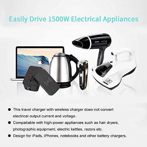 40000KM Travel Adapter with Wireless Charger Pad Universal All-in-one Plug Charger Adapter For 1500W High Power Appliances Dual Smart USB Port SW6207 (Black)
