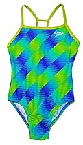 Speedo Girls Thin Strap One Piece Swimsuit (5, Lime Blue Check)