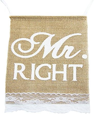 Wedding Party Khaki Mr Right &amp; Mrs Always Right Pattern Chair Sign Bunting Banner Rustic Lace Decor Burlap