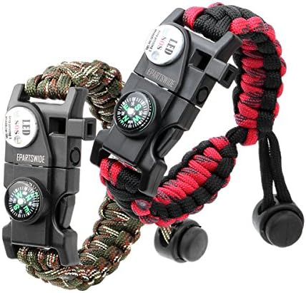 EPARTSWIDE Paracord Bracelet, Survival Bracelet,20 in 1 Survival Gear Kit with Waterproof SOS LED Light Emergency Knife Whistle Compass Fire Starter for Camping Hiking Cycling (2 Pack)