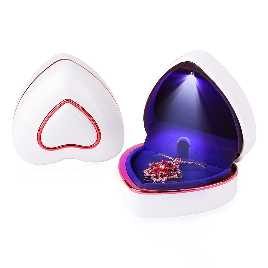 Rolin Roly Pendant Box with LED Light White Heart Shape Velvet Box Storage Jewelry Boxes Display Necklace Gift Case for Organizer Engagement Anniversaries Weddings