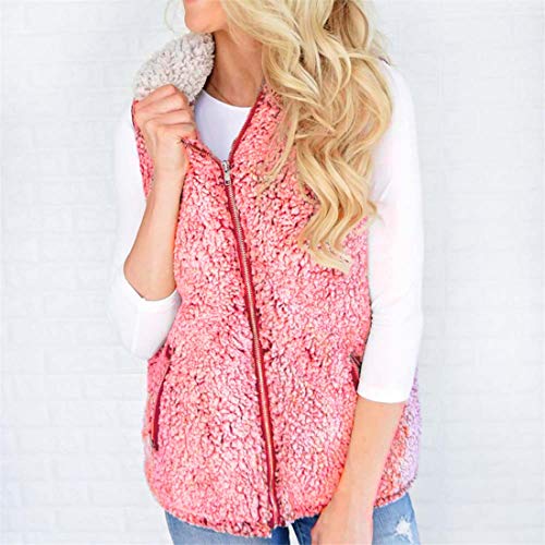 DaoAg Womens Solid Color Vest Winter Warm Outwear Casual Faux Fur Zip Up Sherpa Jacket with Pocket (Pink, M)