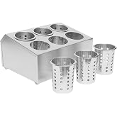 DYNAMI 6‑Compartment Stainless Steel Commercial Silverware Holder | Perforated Cylinder Countertop Utensil Holder,Commercial Silverware Organizer Flatware&amp;Cutlery Storage for Restaurant Kitchen